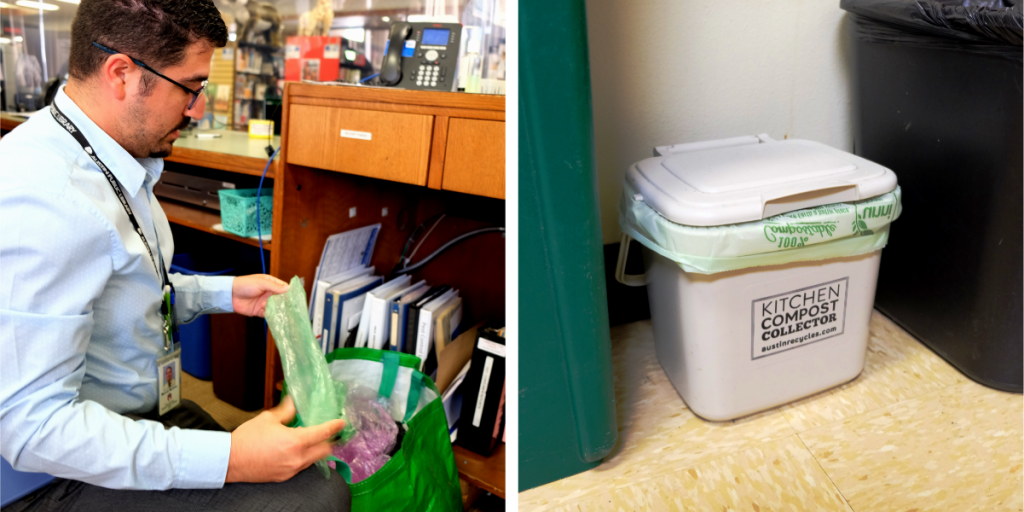 Two photos. On the left, Marcos sorts plastic film for recycling. On the right, the Little Walnut Creek Branch Library's compost bin.