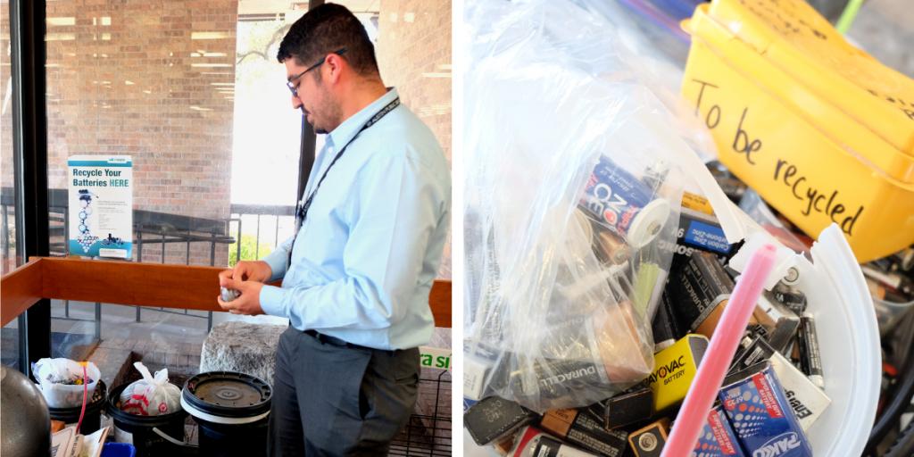 Two photos. On the left, Marcos sorts recycling at the battery recycling drop off in the library. On the right, a close up of old batteries in the recycling bin.