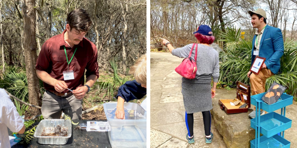 Two photos. On the left, Matthew runs a demonstration with kids. On the right, Matthew stands at a display while talking to a visitor in Zilker Botanical Garden.