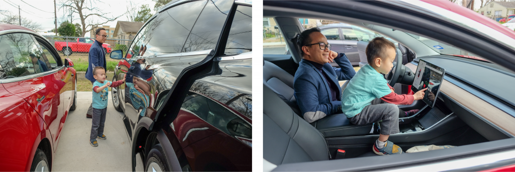 Two photos of Nhat. On the left: Nhat's older son opening the door of the Tesla. On the right: Nhat and his older son in the Tesla. His son is playing a game on the screen.