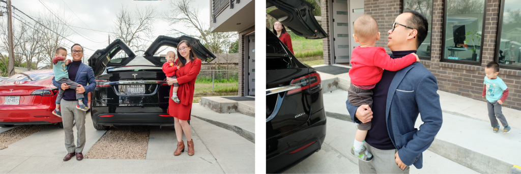 Two photos. On the left: The family of four in front of a Tesla with the wing doors open. On the right: Nhat holding his young son.