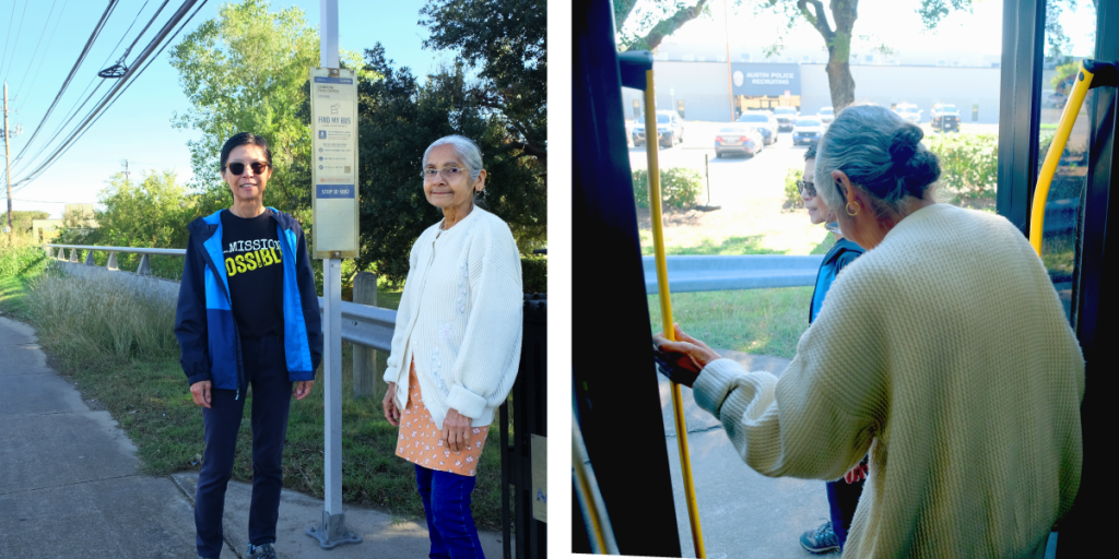 Two photos. Left: Niki and Himadri wait at the bus stop. Right: Himadri steps down off the bus.