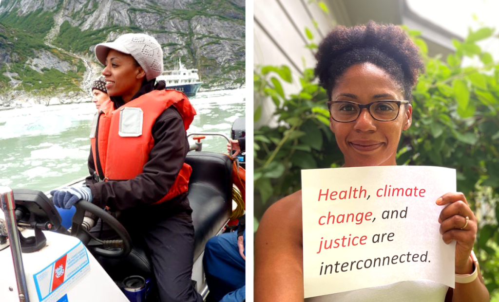 Left: Nitakuwa drives a boat past ice sheets; Right: Nitakuwa holds up a sign that says health, climate change, and justice are interconnected.