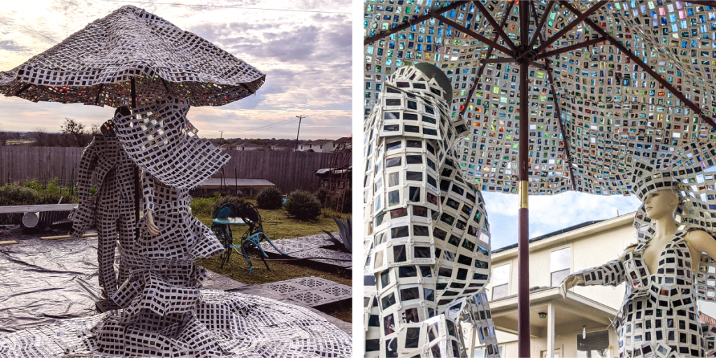 Two photos of a sculpture by Olaniyi that uses photo slides to form the shape of people beneath an umbrella.