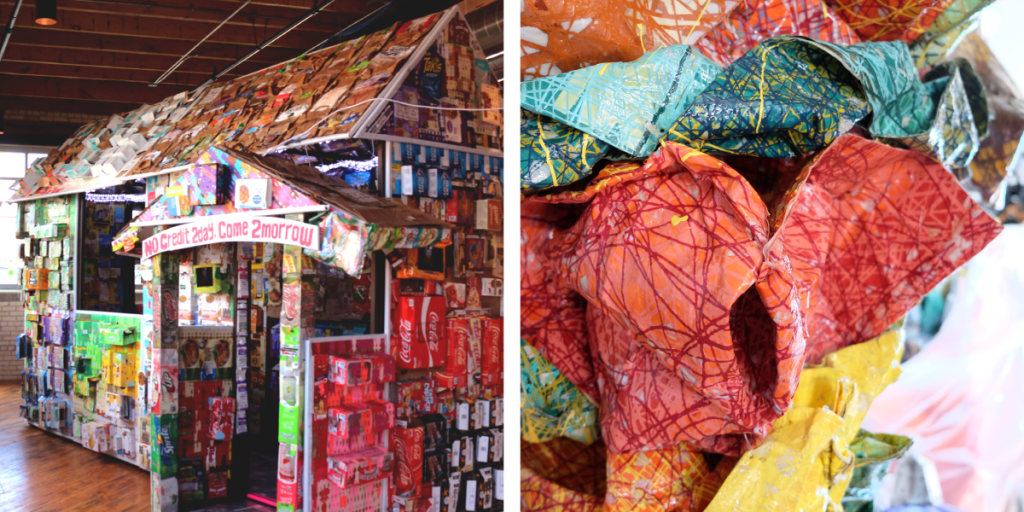 Two photos. On the left: An installation by Olaniyi’s titled “Ile Itaja - Shopping List #2”. On the right: a work in progress made from manipulating and painting paper.