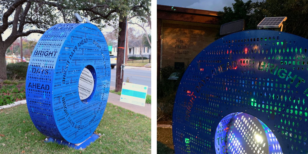 Two photos of Olaniyi's artwork BRIGHT DAYS AHEAD. On the left: The sculpture during the day. It's a large, blue, metal, circular structure. On the right: A closeup of the artwork at night with solar powered lights.