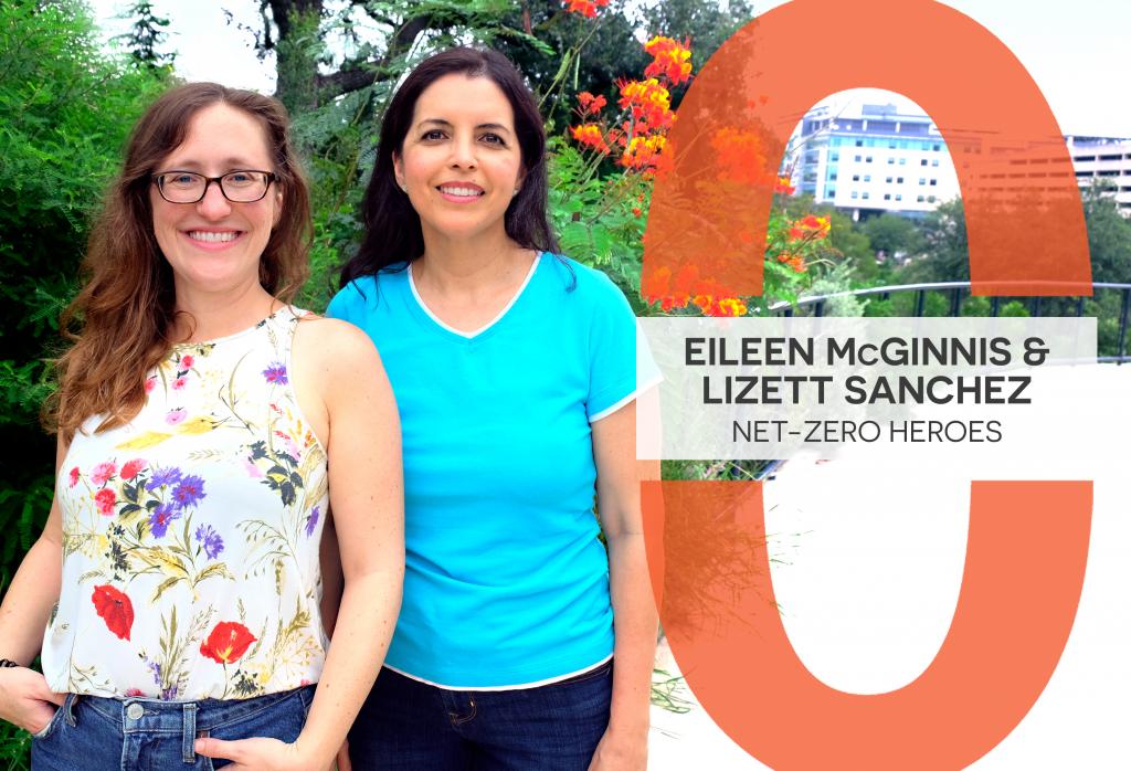 Eileen (left) and Lizett (right) stands near a garden at Waterloo Greenway.