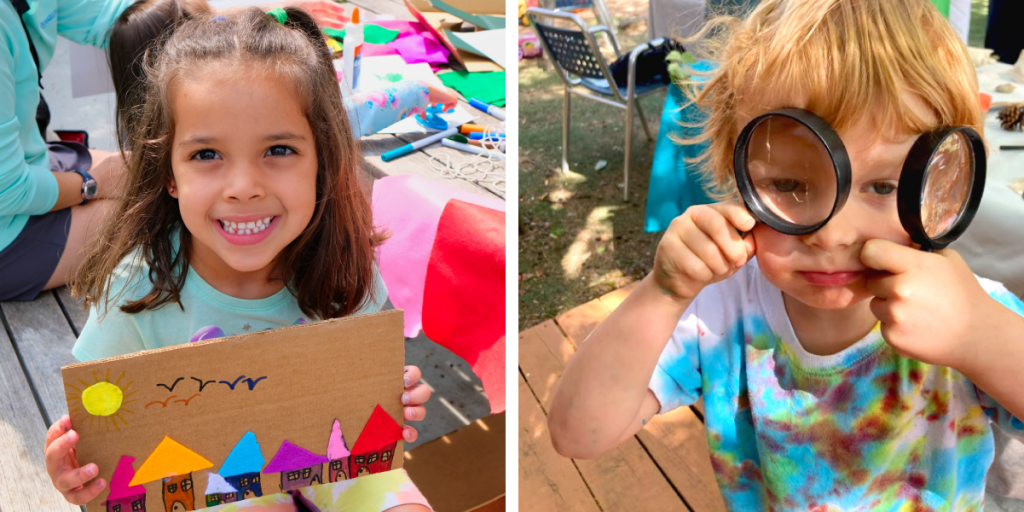 Left: A young girl smiles and holds a colorful collage. Right: A boy holds up two magnifying glasses to his eyes.