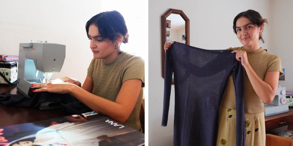 Left: Reza works at a sewing machine. Right: Reza holds up a dress she's been making from fabric purchased at Austin Creative Reuse.