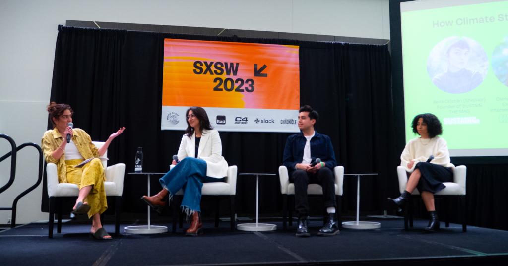 Reza moderates a panel at the 2023 South by Southwest Festival.