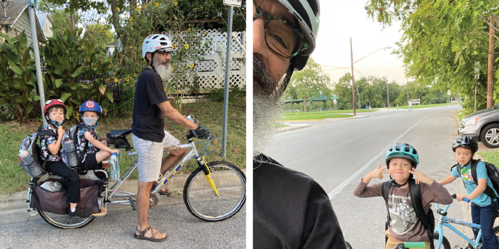 Left to right: Ricardo takes his grandchildren on a bike ride; Ricardo accompanies his grandchildren on a bike ride in the neighborhood.