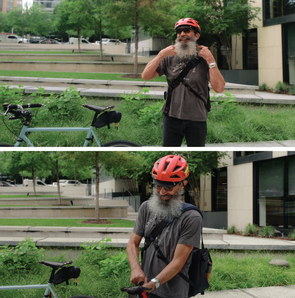 Top to bottom: Ricardo gears up for a ride by putting his helmet on; Ricardo puts on his cycling gloves.