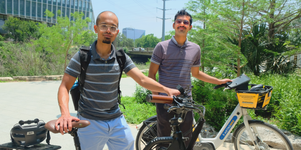 Sagar and Saket pose with their bicycles on the Shoal Creek Trail.
