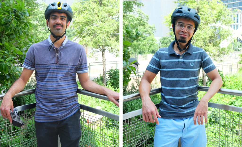 Two photos. On the left: Saket stands with his helmet on in front of the Shoal Creek Trail. On the right: Sagar stands with his helmet on in the same location.