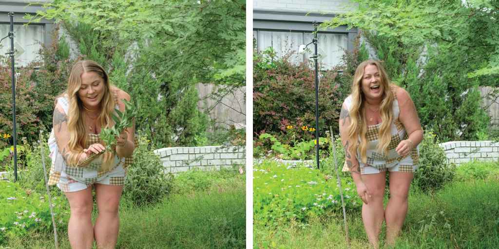 Left to right: Shelby points out the Milkweed plant in her home garden; Shelby smiles, standing in her garden.