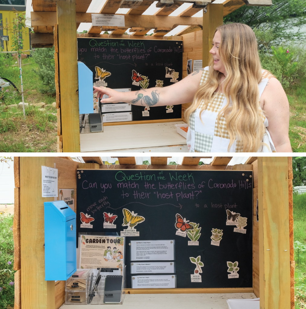 Top to bottom: Shelby points out different parts of the free community library that she built; A photo of the library that includes information and various tools for community members.