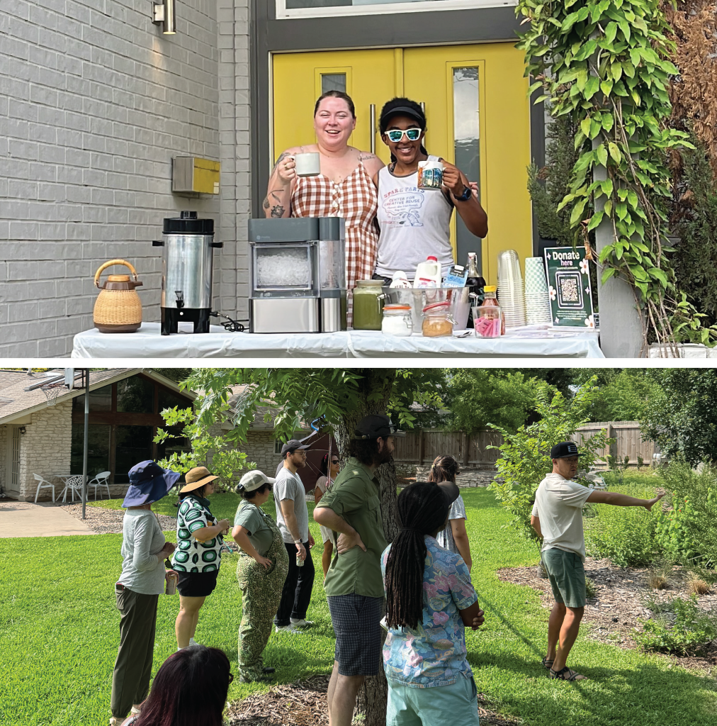 Top to bottom: Shelby and her wife smile and pose at the pop-up coffee shop that she hosted at her home; Community members gather for a neighborhood garden tour.