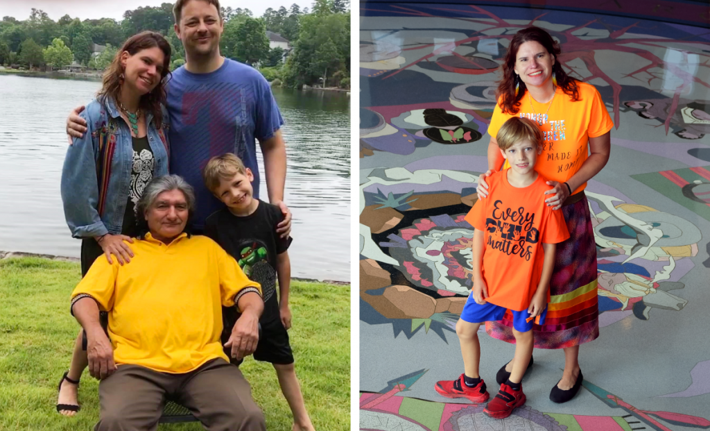 Left: Skye stands with her husband and son around her father, who is seated in from. Right: Skye stands with her hands on her son's shoulders. They are standing on a colorful tile mosaic.