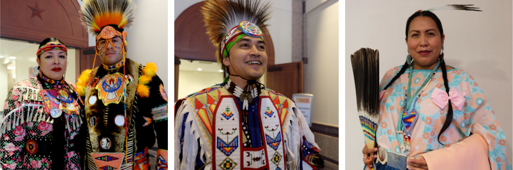 A series of photos of four Indigenous performers wearing different Native dress.