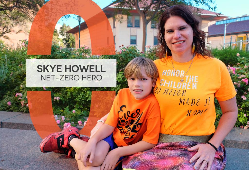 Skye Howell sits with her son, Zoran, in front of rose bushes.