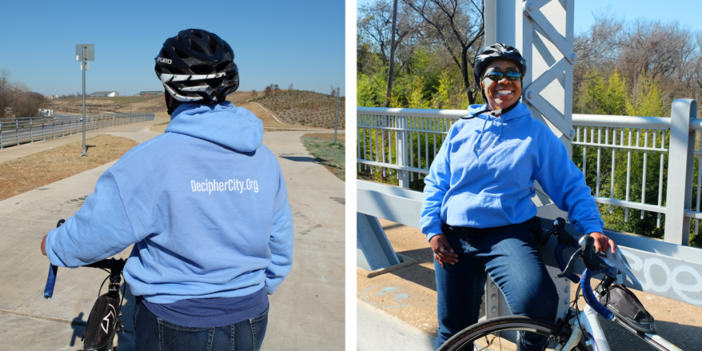 Two photos of Stephanie. On the left, Stephanie stands away from the camera. The back of her sweatshirt reads "DecipherCity.Org". On the right, Stephanie smiles and leans against Montopolis Bridge with her bike.