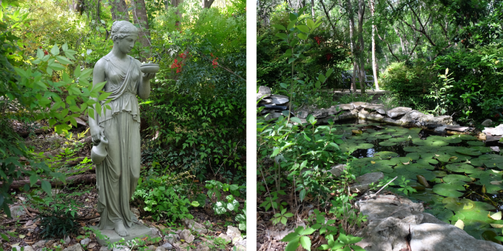 Left: A statue of Hebe in a garden; right: a lily-covered pond in a wooded area.