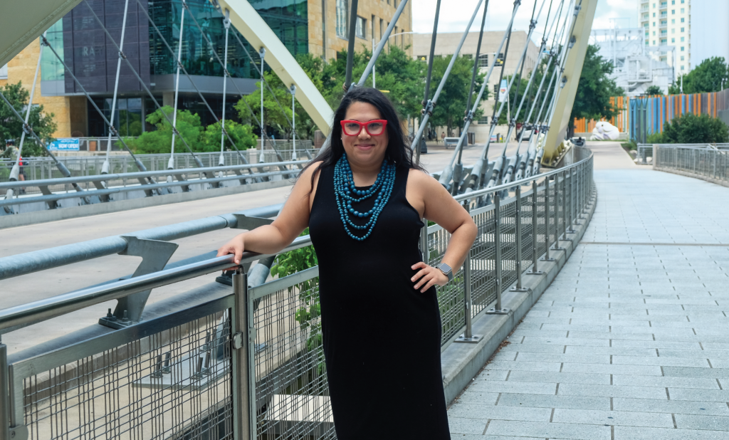 Tatianna poses at the butterfly bridge in downtown Austin.