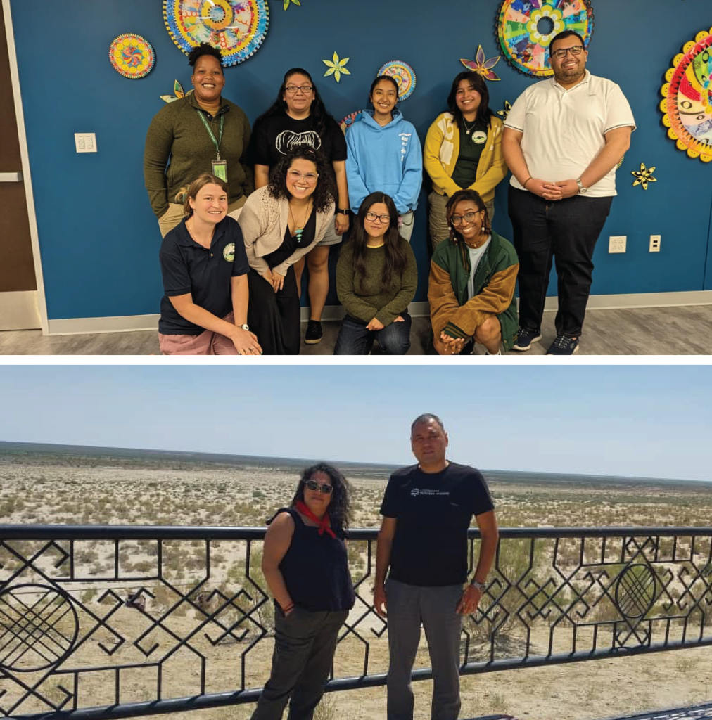 Top to bottom: Tatianna smiles with City of Austin employees at International Reciprocal Exchange Program Participant meeting; Tatianna and Amangeldi Nurmanbetov in Uzbekistan working to expand green workforce initiatives.