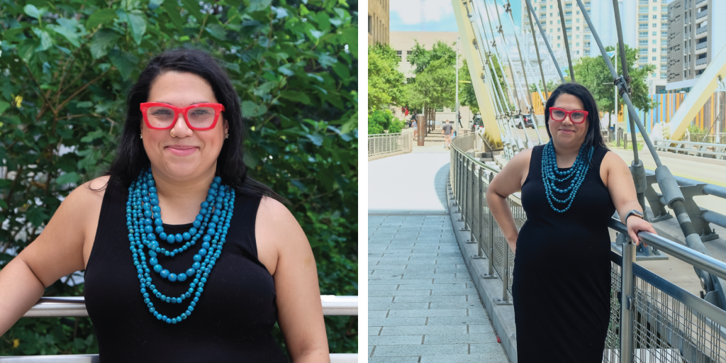 Left to right: Tatianna smiles for a headshot; Tatianna poses on the butterfly bridge in downtown Austin.