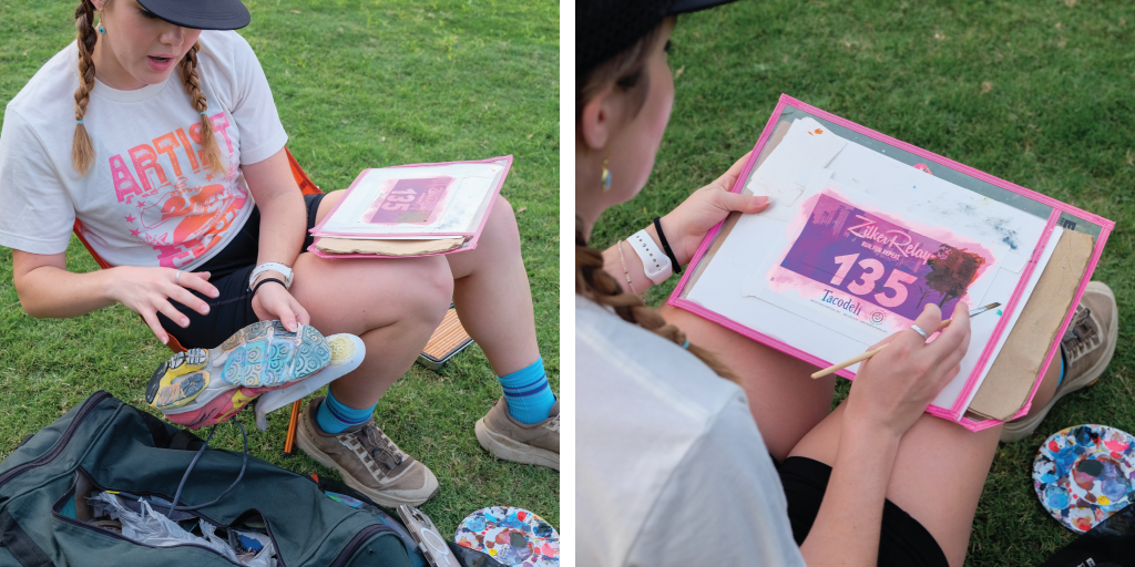 Left to Right: Thira shows some of the shoes she uses to make her prints; Thira paints on her race-day bib.