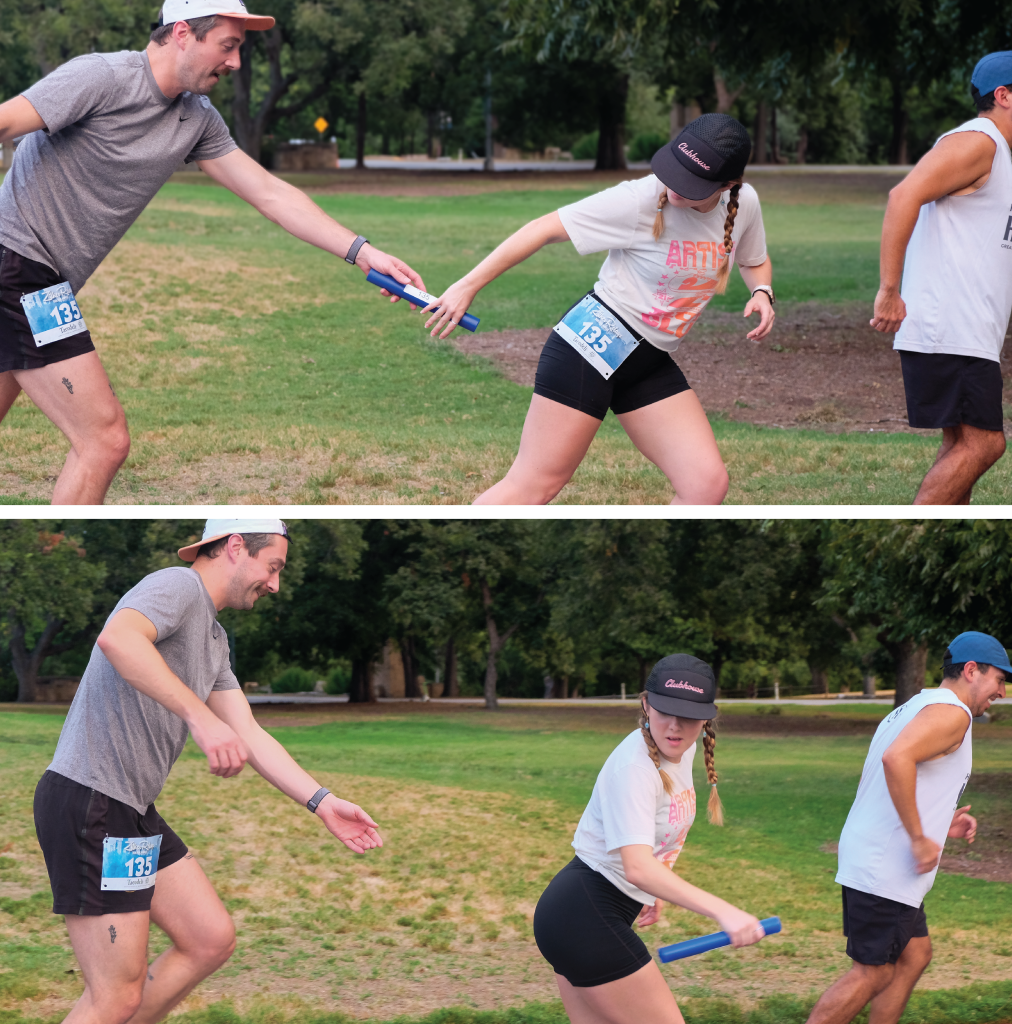 Top to Bottom: Thira’s running mate hands a baton off to Thira at Zilker Relays; Thira runs with the baton.