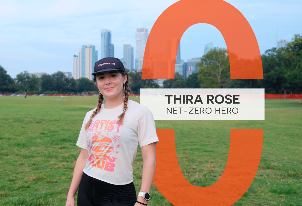 Thira smiles in Zilker Park, Text reads, "Thira Rose: Net-Zero Hero"