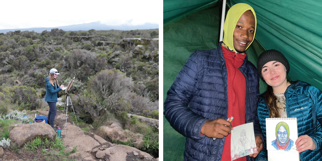 Left to Right: Thira paints outdoors in Tanzania, Africa; Thira and her friend, Goodluck, hold the paintings they did of each other.