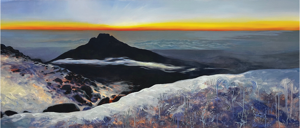 Thira’s piece, “What Lies Over the Horizon” using the shoe remnants on the hike to summit Mount Kilimanjaro.