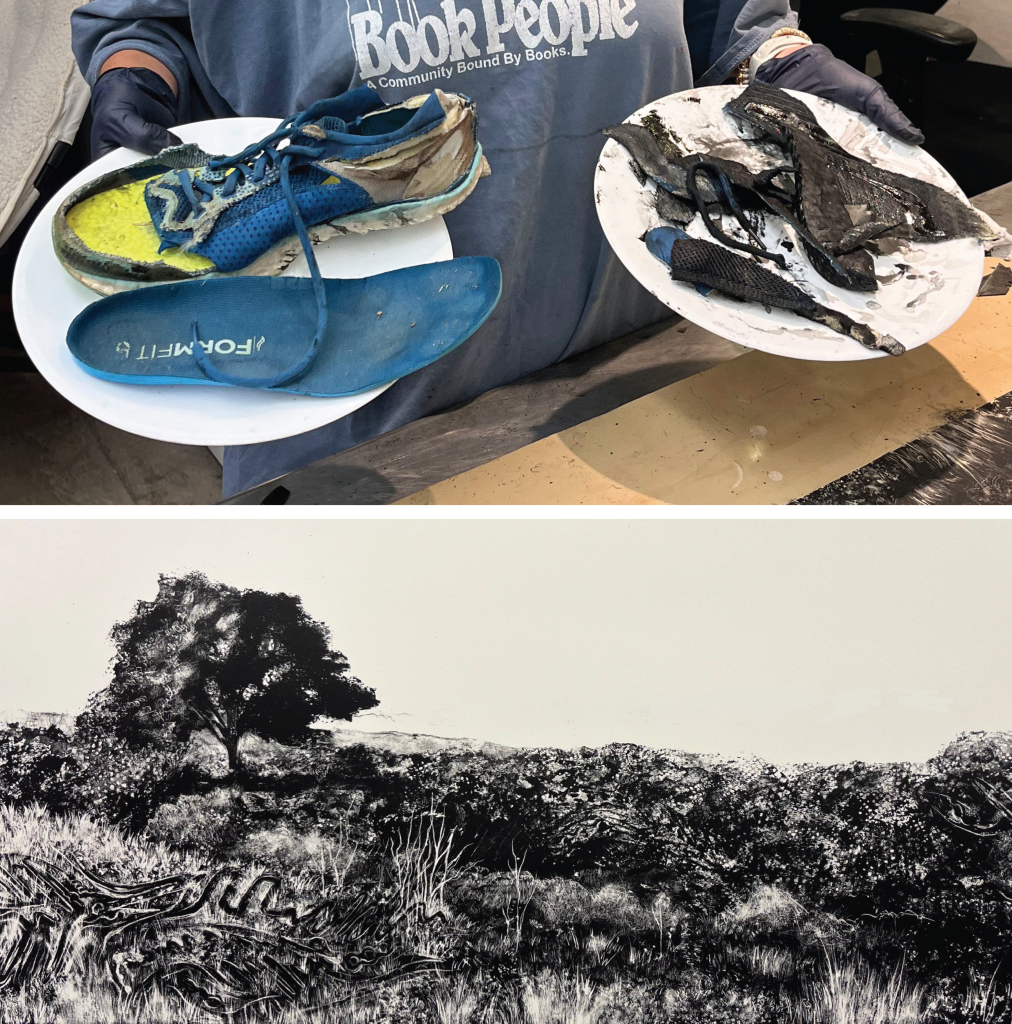 Top to Bottom: Repurposed shoe materials used to make the shoe-scape art; Thira’s first piece, “Tread Lightly.”