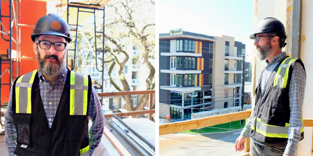 Two photos of Trey onsite at a South Lamar construction project.