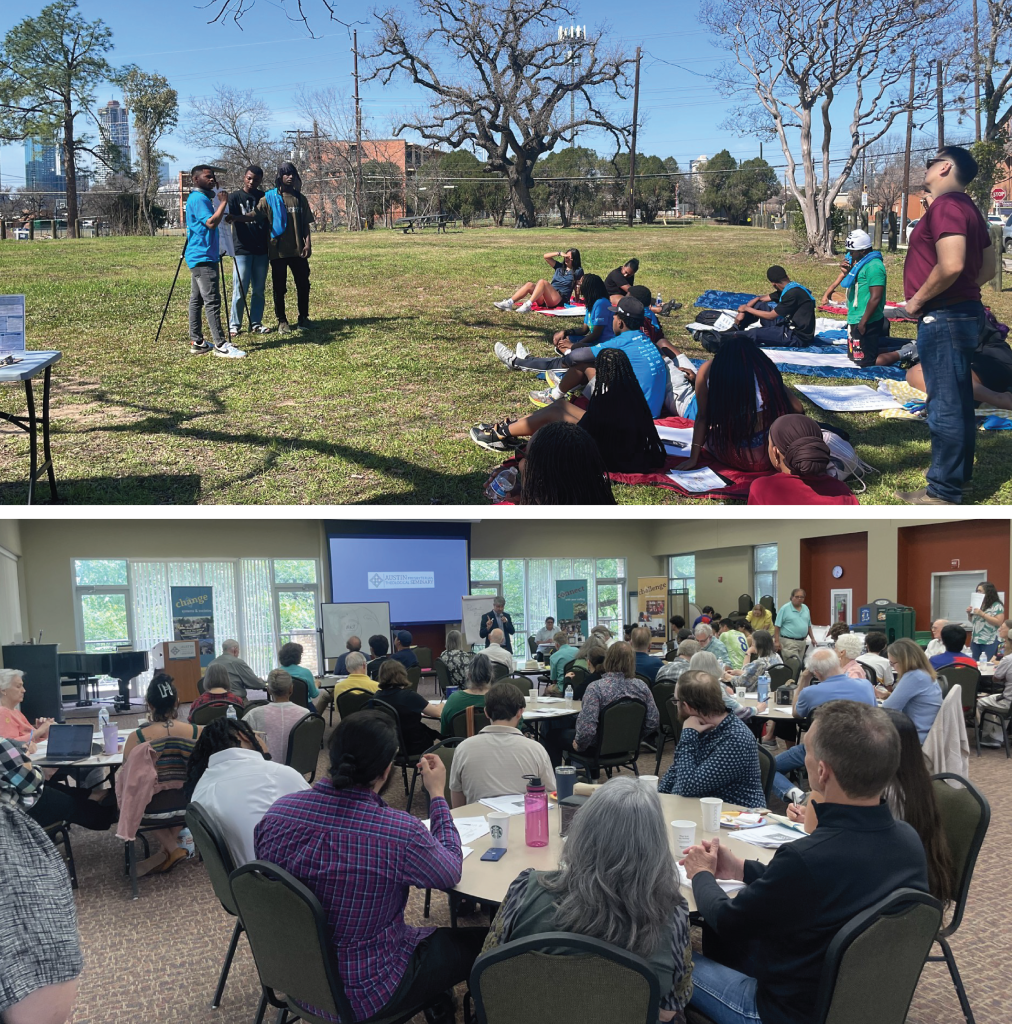 Top to bottom: Students presenting and conversing in the empty pocket park; CTI presenting to a group of people.