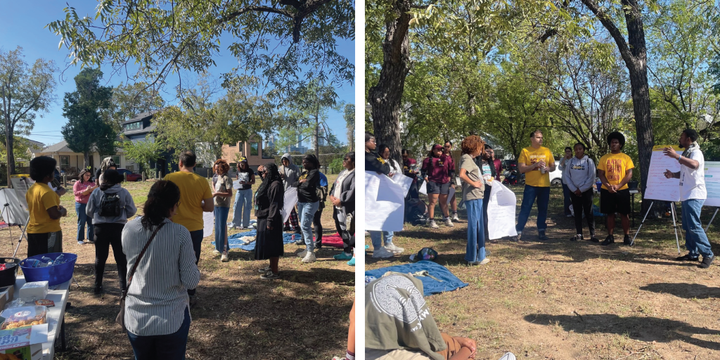 Photos of a group of students, faculty, and CTI members discussing pocket park plans outdoors.