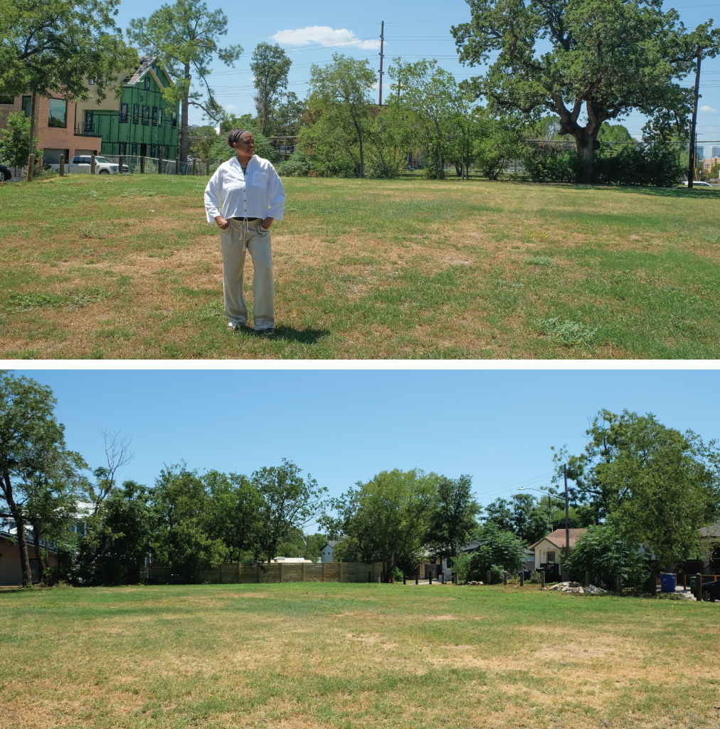 Top to bottom: Warinda stands in the pocket park across from Huston-Tillotson; empty pocket park and site of the next park.