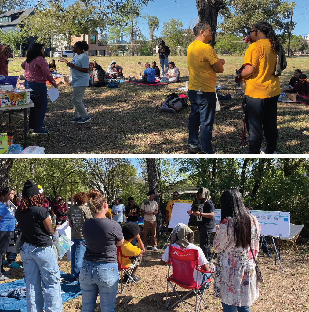 Top to bottom: People sit and talk around a green space; a person speaks to an audience of community members outdoors.