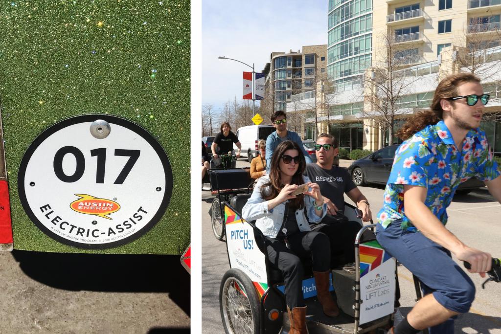 Passengers enjoy ride in electric assist pedicab