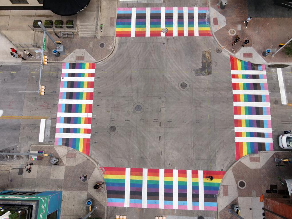 Aerial view of rainbow crosswalks at Fourth and Colorado Streets