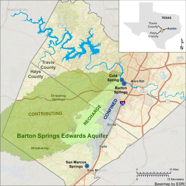 Map showing Barton Springs segment of the Edwards Aquifer