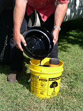 Remove the filter from the lid and place open end inside the bucket. Tip the lid and pour the oil into the bucket.