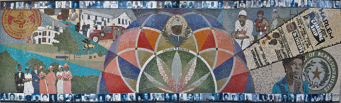 A colorful and detailed tile mosaic mural of Austin's African American community.