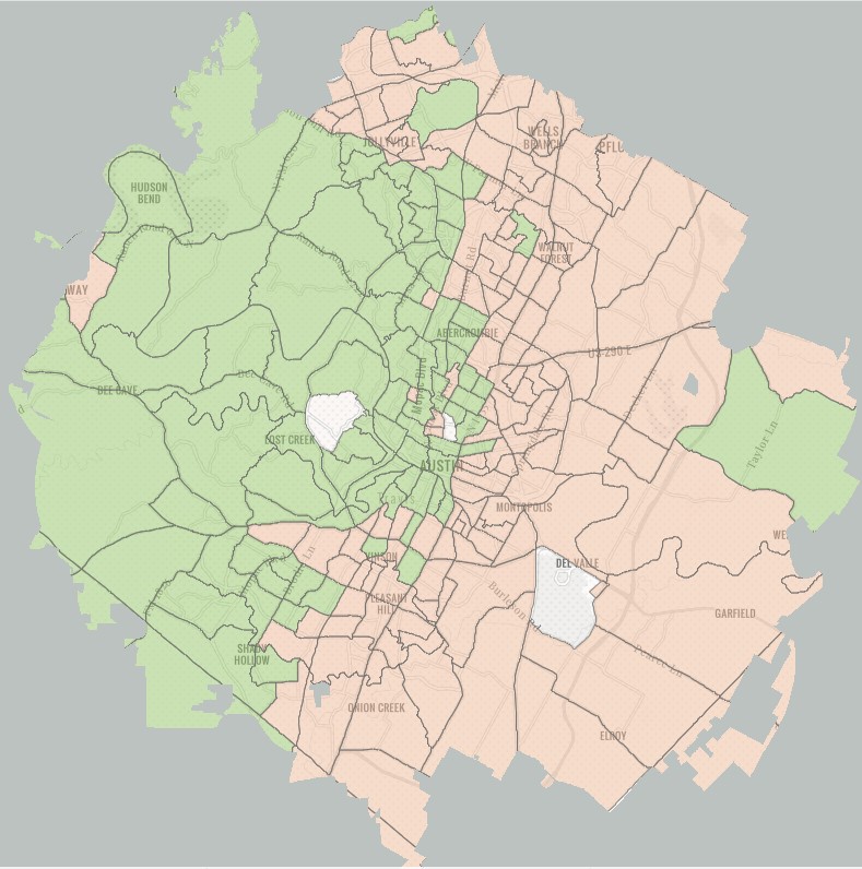 Map of Austin showing highest need for trees in red