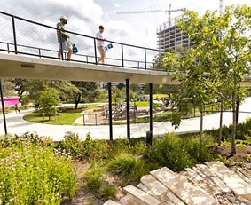 An elevated sidewalk in Waterloo Park in Austin, Texas