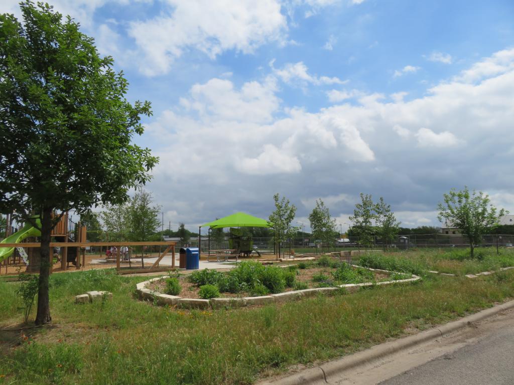 New trees in Alderbrook Pocket Park in Austin, Texas, in 2021