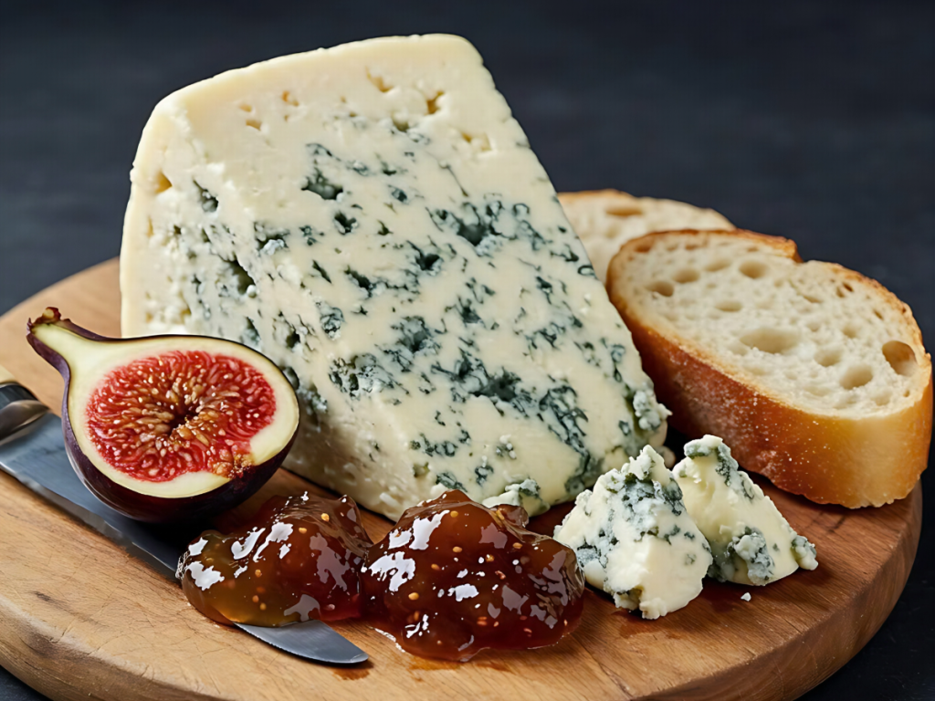 Image of figs, fig jam, bread, and blue cheese on a plate.