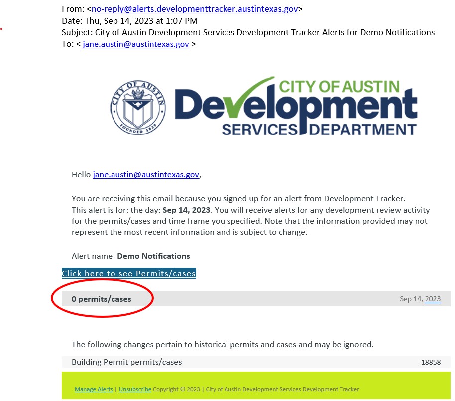 Example email of a demolition notification. Notification includes information on the alert and has an option to review permits/cases.